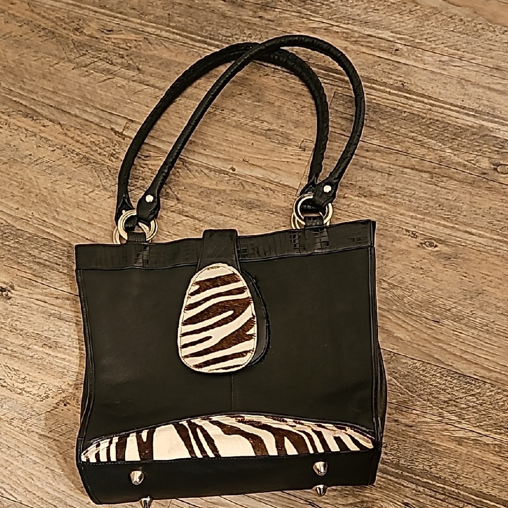 Black Zebra Print Shoulder Bag with Leather Handles
